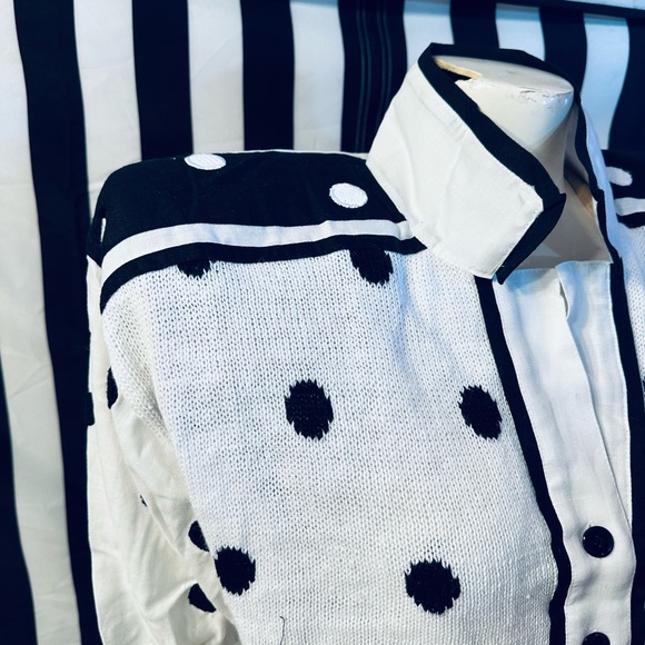 Side Effects 80s Vintage Cotton Knit / Linen Polka Dot Shoulder Pad Cardigan - Picture 6 of 7